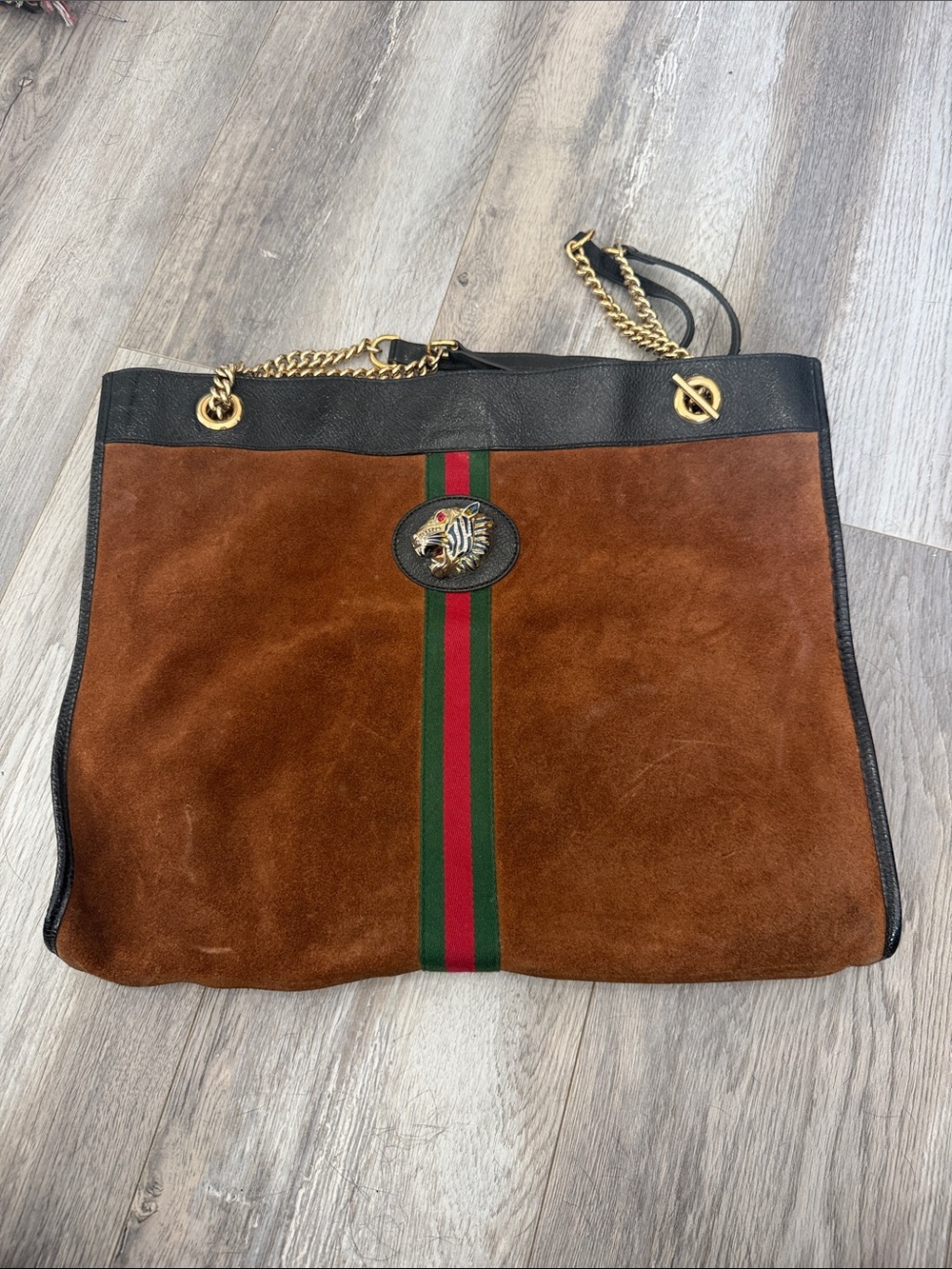 Gucci Brown Suede Tote with Green and Red Stripe and Gold Hardware